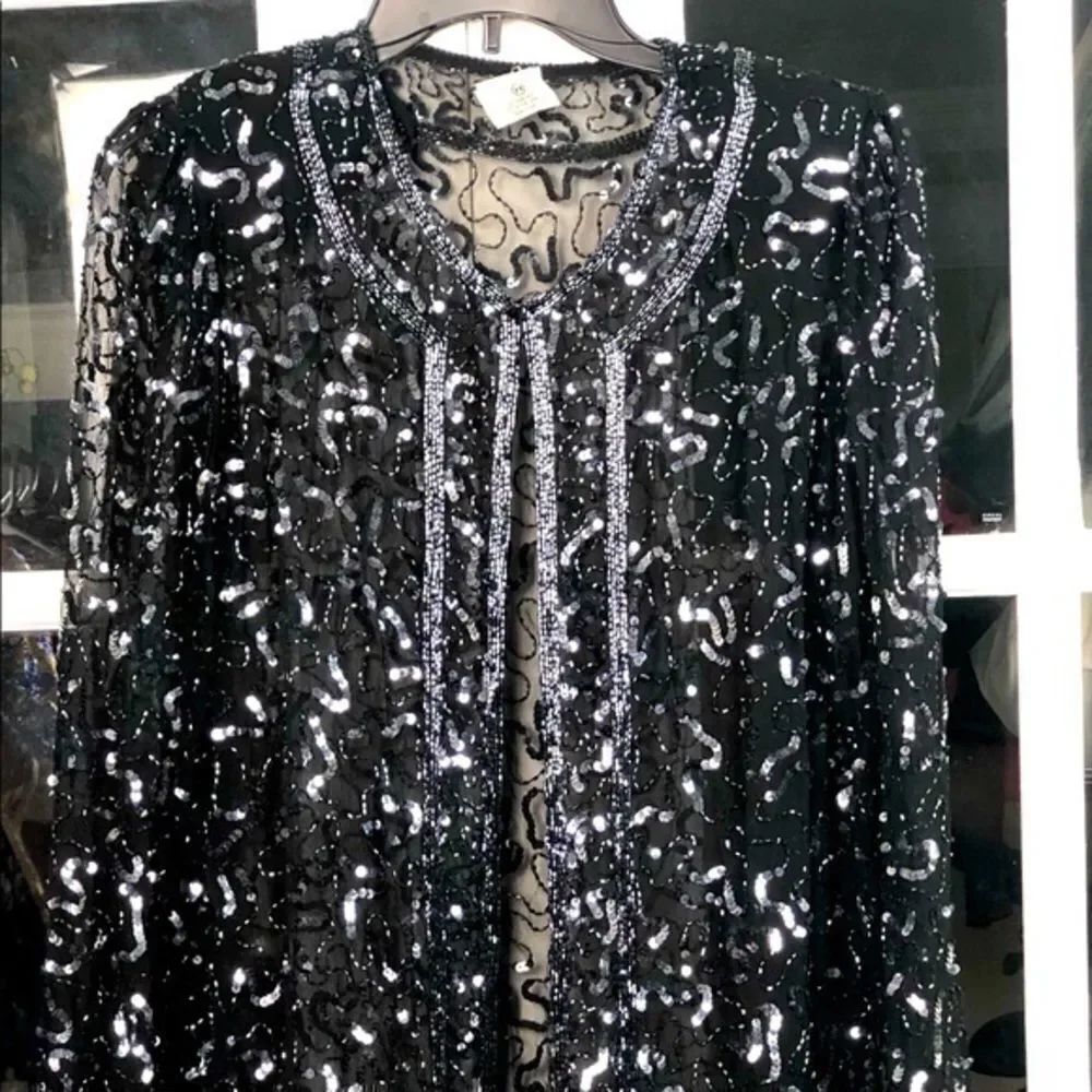 Dark Grey & Black bead embroidered silk blouse XS